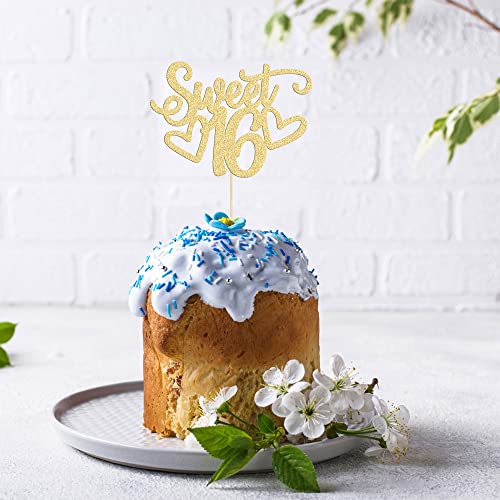 1Pc Sweet Teenager 16 Cake Topper Glitter 16th Birthday Cake Pick for Cheers to 16 Years Old 16th Birthday Party Cake Decorations Supplies Gold (Gold 1pc-teenager)