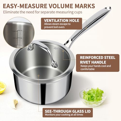 3 Ply Stainless Steel Sauce Pan Set with Lids (1 + 2 + 3 Quarts)