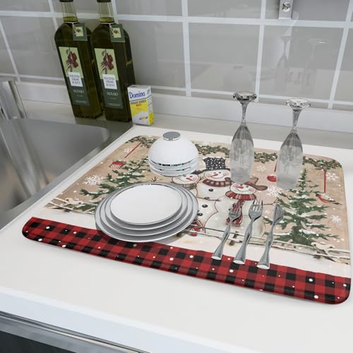 Winter Snowman Dish Drying Mat 18x24 Inch Red Buffalo Plaid Holiday Dish Drainer Mat Absorbent Dish Rack Pad for Kitchen Counter Sink Decor (Winter Snowman Bell / 24" x 18")