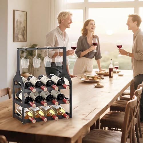 Bamboo Wine Rack Countertop (Black 3-tier With Glass Holder)