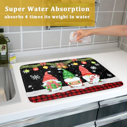 Merry Christmas Dish Drying Mat Black Gnomes Dish Drainer Mats 18x24 Inch Holiday Decorative Absorbent Dishes Pad for Kitchen Counter Sink (Christmas Black Gnomes / 18" x 24")