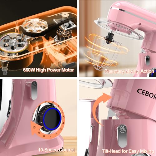 3-IN-1 Electric Stand Mixer, 6.5QT Bowl 660W 10-Speed Kitchen Mixer, Household Food Mixers include Dough Hook, Beater and Whisk, Bread Cake Mixer for Baking and Most Home Cooks, Pink (Pink)