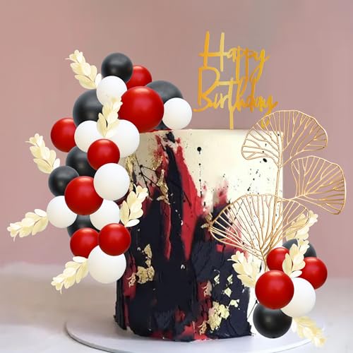 57Pcs Balls Cake Topper Boho Grass Cake topper Pearl Balls Acrylic Happy Birthday Cake Decorations for Wedding Baby Shower Birthday Boho Themed Party Supplies Black Red White (Black Red White)