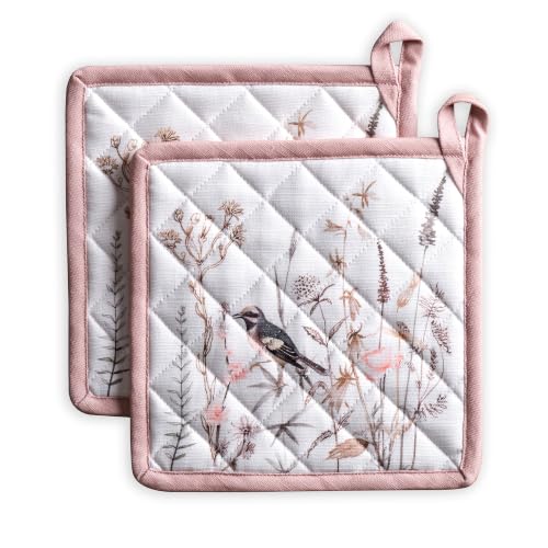 Pot Holders 100% Cotton Potholders (058 - Meadow Florals - Brown / 8" x 8" (Pot Holder Pack of 2))