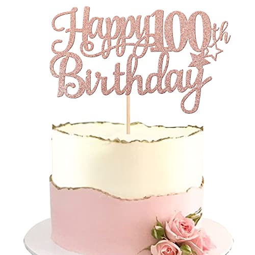 1 PCS Happy 100th Birthday Cake Topper Glitter Cheers to 100 Years Cake Pick Number 100 Fabulous Cake Decoration for 100th Birthday Theme Party Decorations Supplies Rose Gold (Rose Gold / 100th)