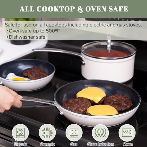 7pc Cookware Set Healthy Duralon Blue Ceramic Nonstick Coated (7 Piece Cookware Set / Vanilla Cream)