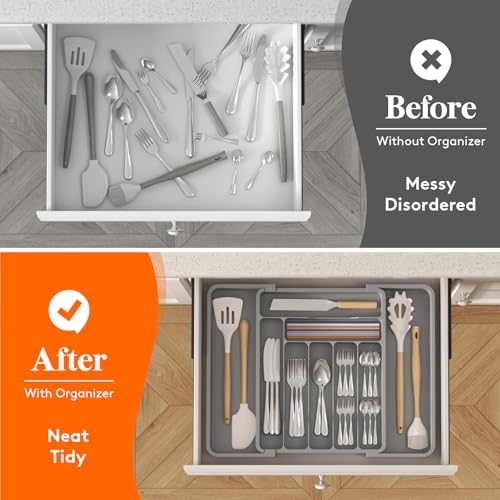 Expandable Silverware Drawer Organizer (Gray / Large Deep（11.8-19.6'W x 15''D）)