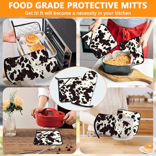 Black Cow Print Oven Mitts and Pot Holders Sets 4Pcs (Black Cowhide)