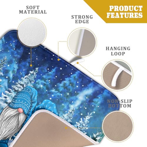 Winter Blue Gnome Dish Drying Mat for Kitchen Counter Pine Tree Microfiber Dish Pad Absorbent Reversible Fast Dry Draining Mats 16x18 Inch (Blue Winter Gnome / 16" x 18")