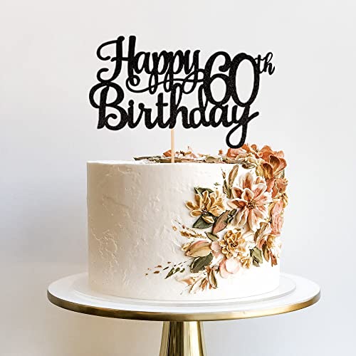 1 PCS Happy 60th Birthday Cake Topper Glitter Cheers to 60 Years Birthday Cake Pick 60 Fabulous Cake Decoration for Happy 60th Birthday Anniversary Party Decorations Supplies Black (Black / 60th)