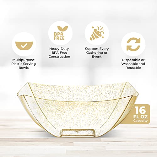 4 Pack Disposable Gold Plastic Serving Bowls Square Party Candy Use 16oz (16 OUNCE / GOLD GLITTER)