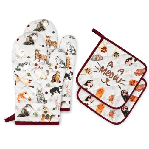 Cute Cat Oven Mitts and Pot Holders Set (Cat / Oven Mitt x2 & Pot Holder x2)