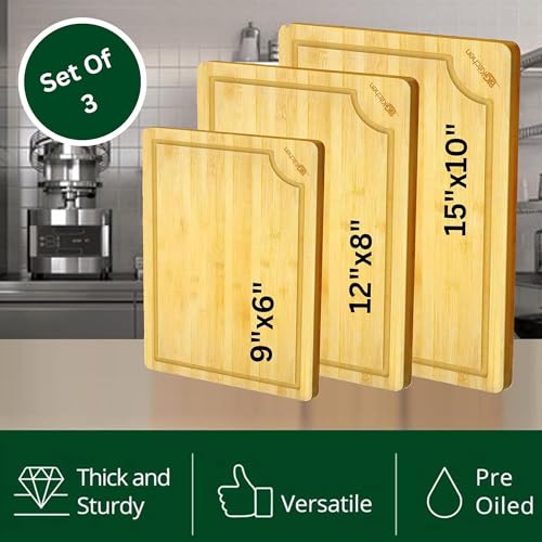 3 Piece Bamboo Cutting Board for Kitchen Butcher Block for Chopping Meat (Natural)