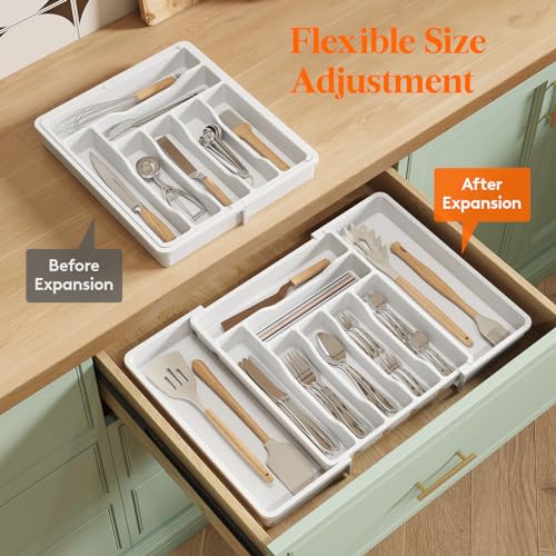 Expandable Silverware Drawer Organizer (White / XL (13-22.4"W × 15"D ))