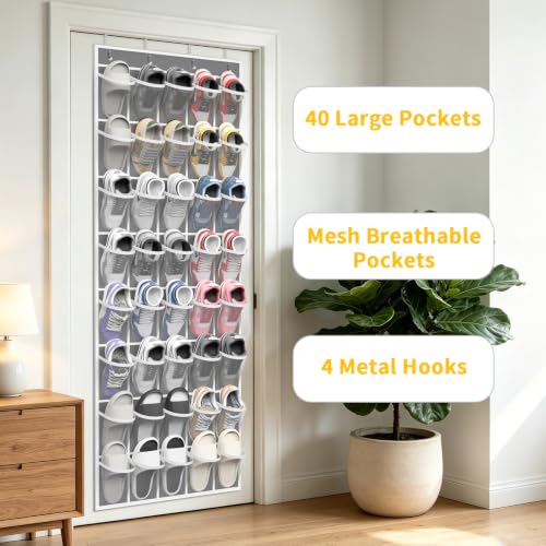 40 Large Pockets Over the Door Shoe Organizer (Grey-1pack of 40 pocket)