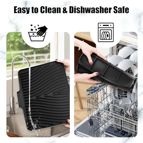 Silicone Dish Drying Mat for Kitchen Counter (Black-1pc / 16" x 12")