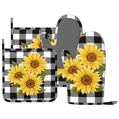 Sunflower Black White Buffalo Plaid Oven Mitts and Pot Holders Sets Silicone Yellow Floral Lumberjack Check Kitchen Mitts Potholders Heat Resistant 4Pcs Oven Gloves Hot Pads for Kitchen (Sunflower Plaid)