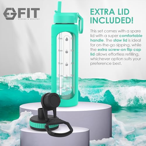 32 oz Glass Water Bottle with Time Marker (Seafoam, Floral Carrier)