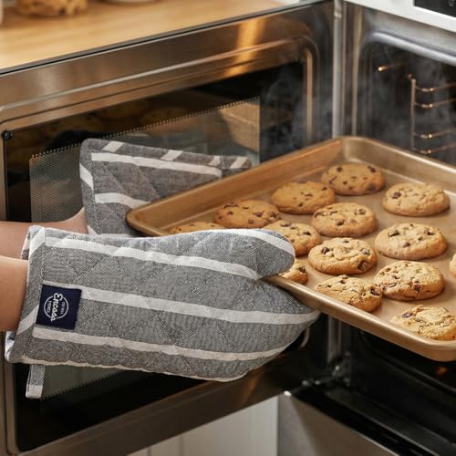 Oven Mitts and Pot Holders Set (Oven Glove + Pot Holder / Roma Grey Stripes)