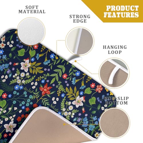 Flower Floral Dish Drying Mat Microfiber Navy Blue Absorbent Drying Pad for Kitchen Counter Small (Colored Flower / 18" x 16")