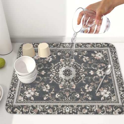 Boho Floral Dish Drying Mat Grey Leaves Dishes Drainer Pad 16x18 Inch Microfiber Absorbent Kitchen Dry Rack Mat for Counter Tableware Decor (Grey Boho Floral / 16x18 inch)