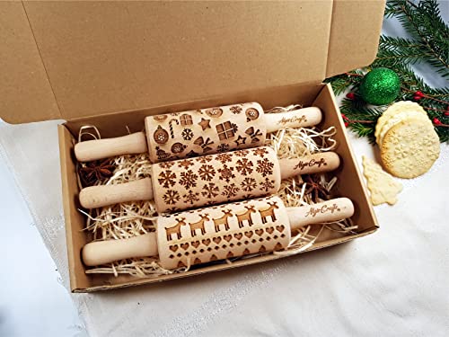 CHRISTMAS 3 Mini Embossed Rolling Pin Set Wooden Laser Engraved Textured rolling pins with Snowflakes