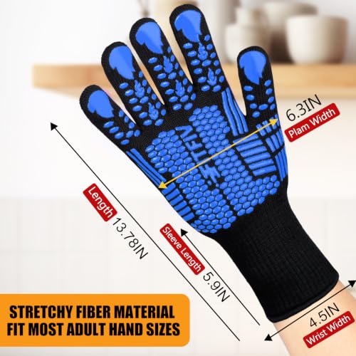 BBQ Gloves 1472°F Heat Resistant with Silicone Grip Oven Mitts (Blue / Long (Glove L 13.78" × Palm W 6.33"))