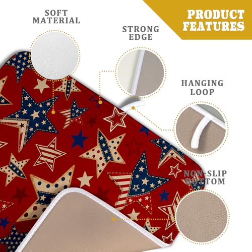 4th of July Dish Drying Mat for Kitchen Counter Patriotic Red Absorbent Dishes Dryer Pad (Patriotic Stars Red / 18" x 16")
