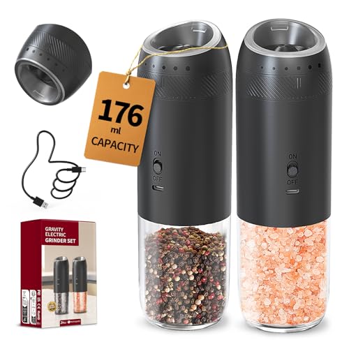Rechargeable Electric Salt and Pepper Grinder Set with Base (2 Pack (110ml) / Midnight Black)