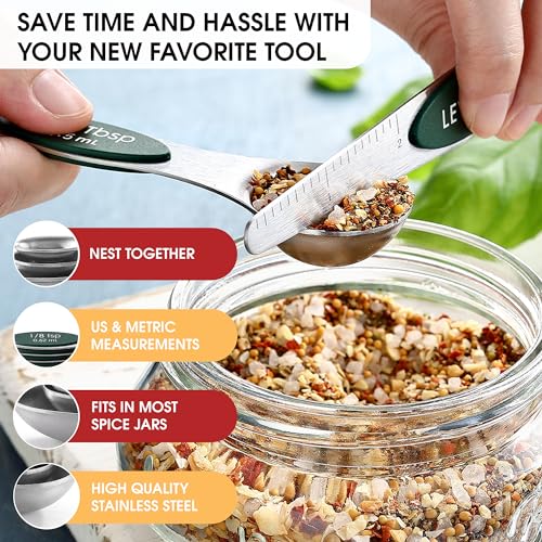 Stainless Steel Magnetic Measuring Spoons Set of 8 (Pine Green / 1-Pack)