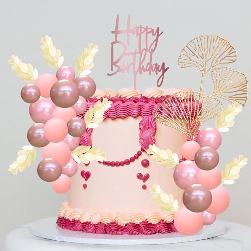57Pcs Balls Cake Topper Boho Grass Cake topper Pearl Balls Acrylic Happy Birthday Cake Decorations for Wedding Baby Shower Birthday Boho Themed Party Supplies Rose Gold Pink (Rose Gold Pink)