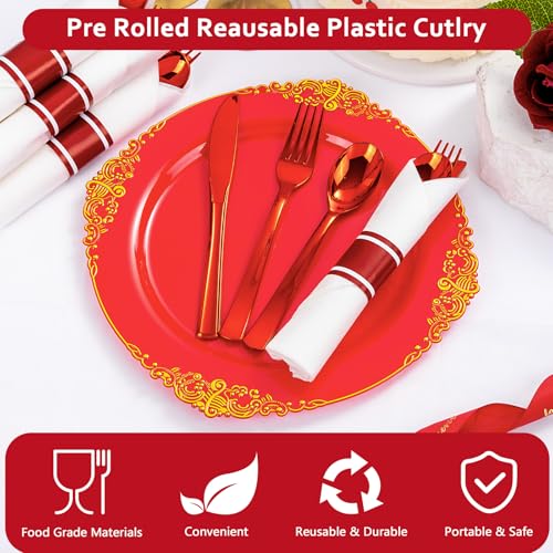 400PCS Pre Rolled Red Plastic Silverware Sets Heavy Duty for Wedding (Red - Classic)