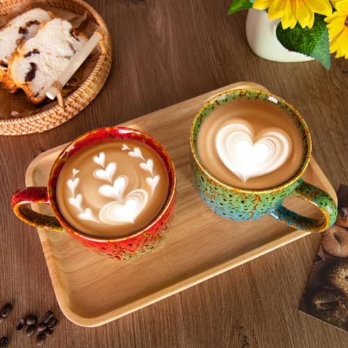 16 oz Ceramic Coffee Mugs Set of 2 (Green & Blue, Red & Green)