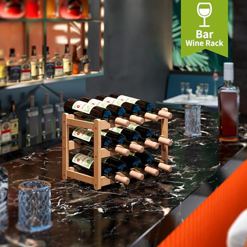 Bamboo Wine Rack Wine Storage Cabinet Shelf 12 Bottle Wine Racks Countertop Sturdy for Kitchen Dining Room Pantry (Natural / 3 Tier)