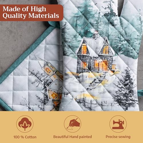 100% Cotton Oven Mitt & Pot Holder Set (126 - Neige De Noel / 7.5" x 13" & 8" x 8" (Oven Mitt & Pot Holder))