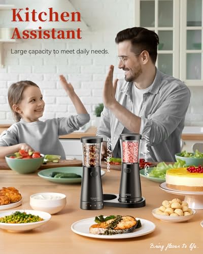 Electric Salt and Pepper Grinder Set with Storage Base (Matte Black)