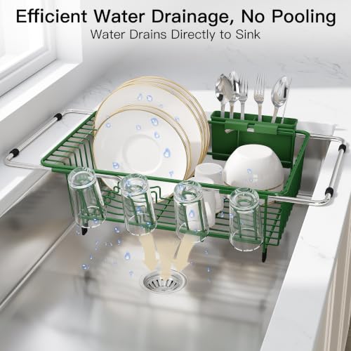 Green Dish Drying Rack in Sink with Drainboard and Utensil Holder (Green / For 12"-30"w Sink, with Drainboard)