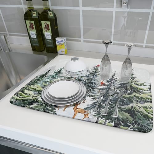 Pine Tree Dish Drying Mat for Kitchen Counter 18x24 Inch Forest Deer Absorbent Dishes Drainer Mats Reversible Microfiber Quick Dry Rack Pad (Pine Tree Deer / 18" x 24")