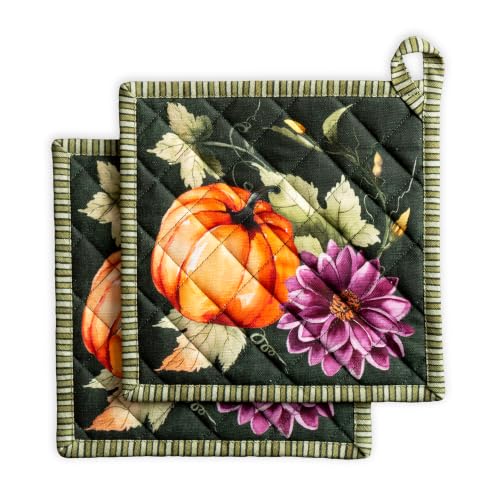 Pot Holders 100% Cotton Potholders (026 - Pumpkin Garden - Dark Green / 8" x 8" (Pot Holder Pack of 2))