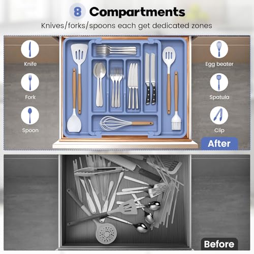 Large Silverware Organizer Tray for Kitchen Drawer Utensils Thicker (Breezy Blue)