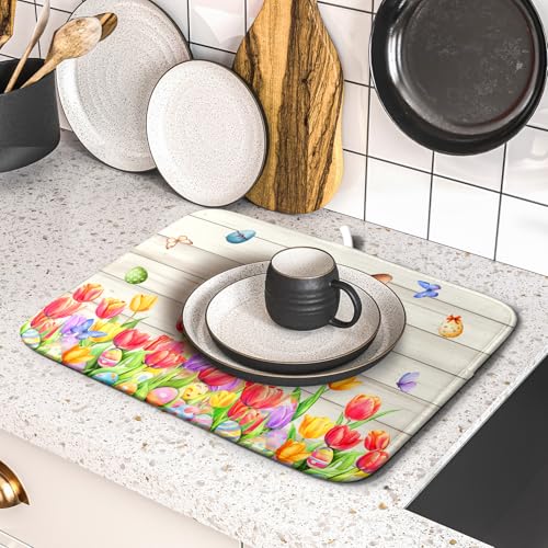 Easter Bunny Dish Drying Mat 16x18 inch Eggs Floral Fast Drying Pad Washable Reversible Microfiber Dish Drainer Mats for Kitchen Counter (Bunny Wood / 16" x 18")