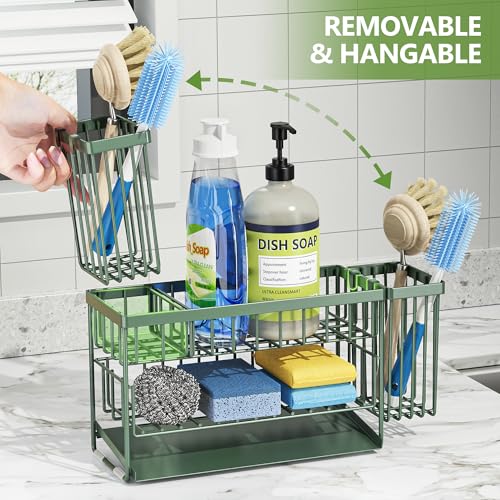 Sage Green 2 Tier Kitchen Sink Caddy Organzier Rack with Flexible Dish Brush Holder (Sage Green / Medium)