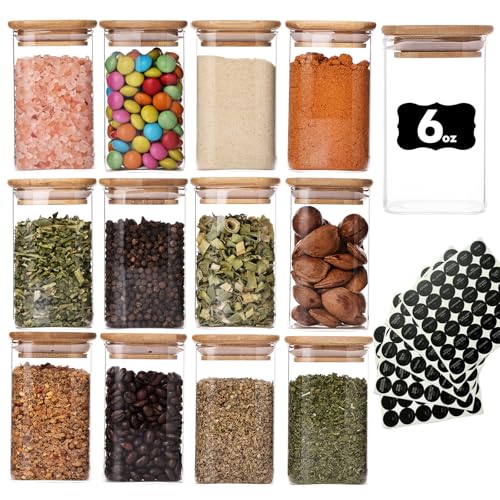 6oz Glass Spice Jars with Bamboo Lid and Label (12pack Glass Spice Jars)