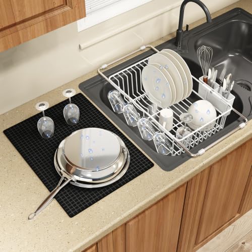 White Expandable Dish Drying Rack Over Sink with Extra Drying Mat (White / For 11.5"-16" W Sink with Cup Holder & Mat)
