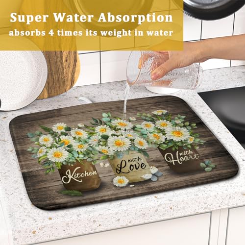 Flower Vase Dish Drying Mats 16x18 Inch Rustic Wood Reversible Microfiber Kitchen Countertop Protector Fast Dry Dish Drainer Rack Pad (flower vase wood / 16" x 18")