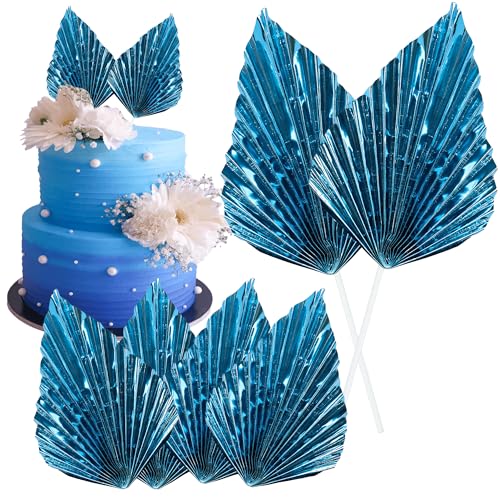 6Pcs Paper Palm Fan Cake Toppers Palm Spear Leaves Fan Cupcake Toppers Cake Insert Decorations Craft DIY Cake Bakeware Decoration for Birthday Party Wedding Party Decor Supplies Light Blue (6 Count)