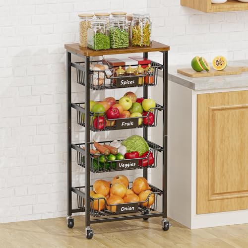 5 Tier Vegetable Fruit Basket Kitchen Storage Rolling Cart on Wheels with Pull (5 Tier / Black)