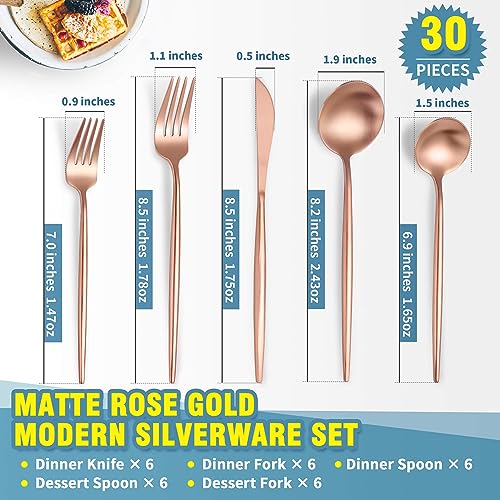Matte Rose Gold Silverware Set for 6 (Rose Gold / 30 Pieces Set)