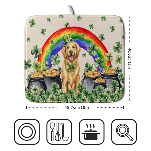 St Patricks Day Drying Mat Samll Lucky Clovers Green Kitchen Decor Counter Mats for Dog Lover (Green Lucky Gog / 18" x 16")