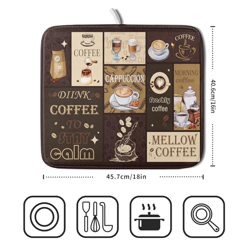 Brown Coffee Dish Drying Mat 16x18 Inch Coffee Cup Espresso Machine Pad Absorbent Washable Dish Rack Pad for Kitchen Counter Cafe Bar (brown coffee / 16" x 18")